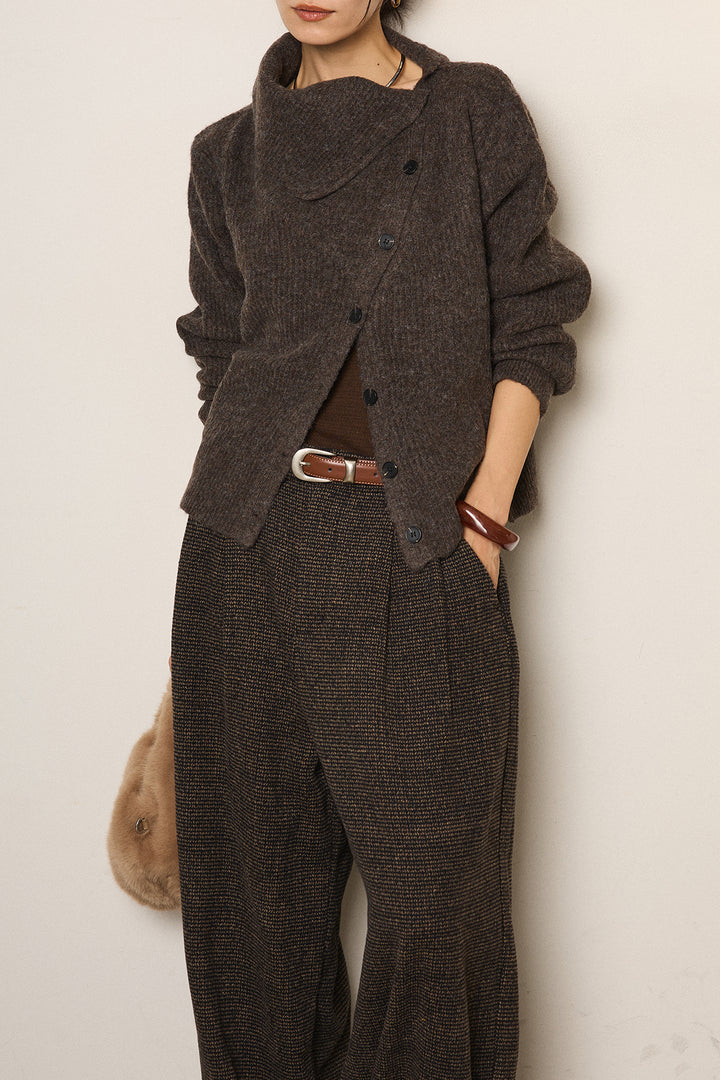 [SET]ボタンデザインネックニットプルオーバー+起毛タック入りツイードワイドパンツ(2set)