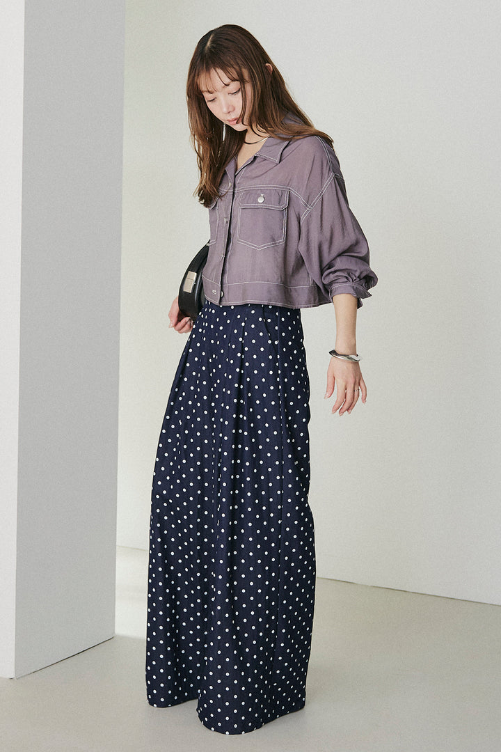 [SET]配色ステッチシアーシャツ+ベルト付きドット柄ワイドパンツ(2set)