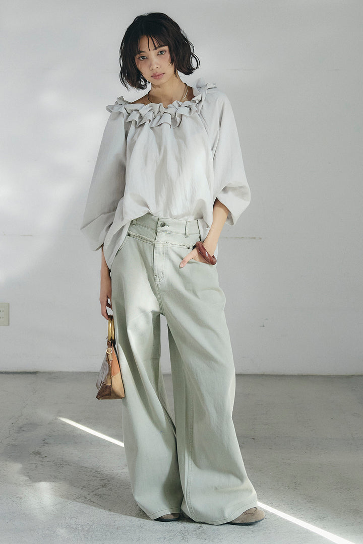 [SET]ネックフリルデザインブラウス+ウエスト裁ち切りデニムワイドパンツ(2set)