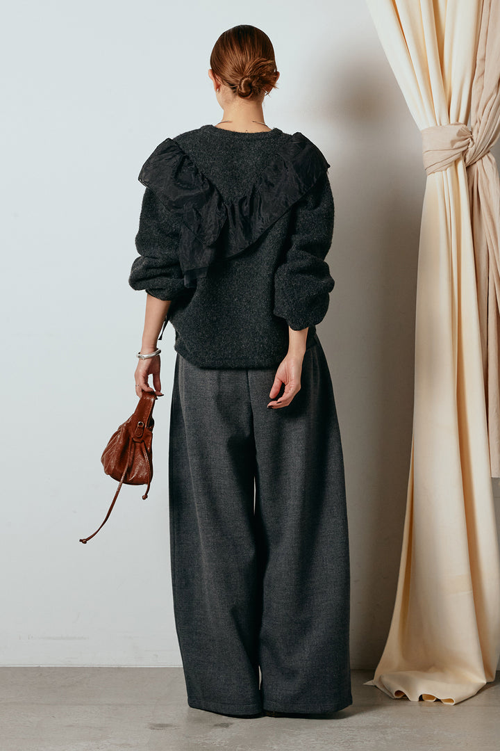 [SET]アシンメトリーフリルニットトップス+ポーチベルト付きカーブパンツ(2set)