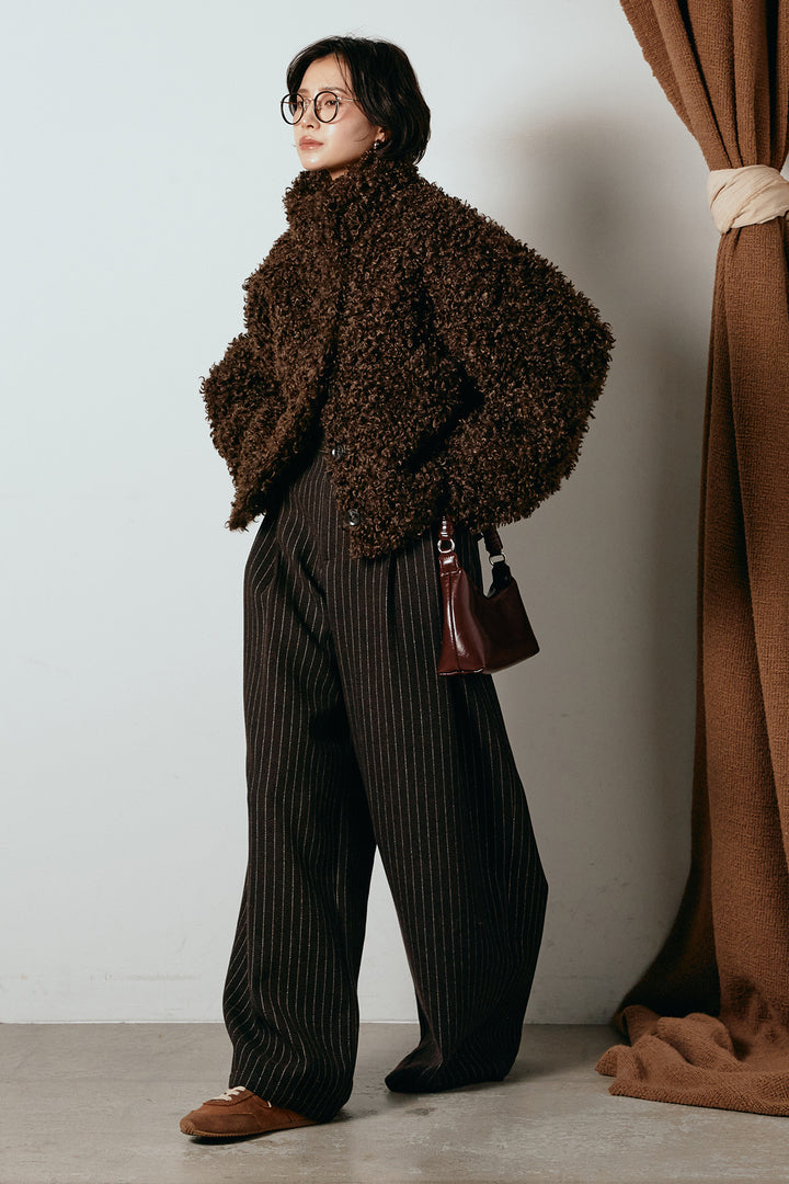 [SET]プードルファーミドルジャケット+ウールライクストライプパンツ(2set)