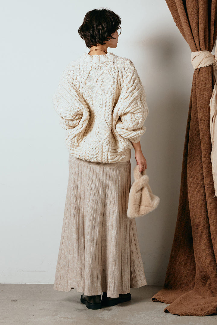 [SET]アラン柄ミックスケーブルニット+編み地切り替えフレアニットスカート(2set)