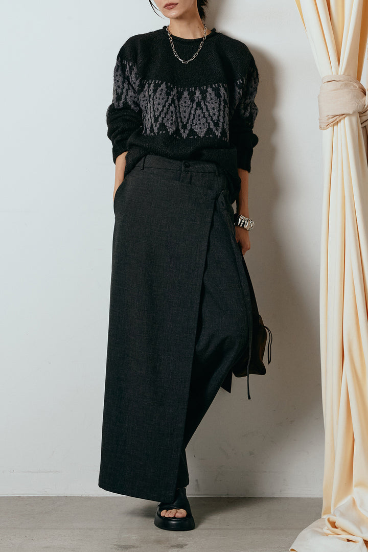 [SET]モノトーン柄ニットトップス+ラップ巻きワイドスラックス(2set)