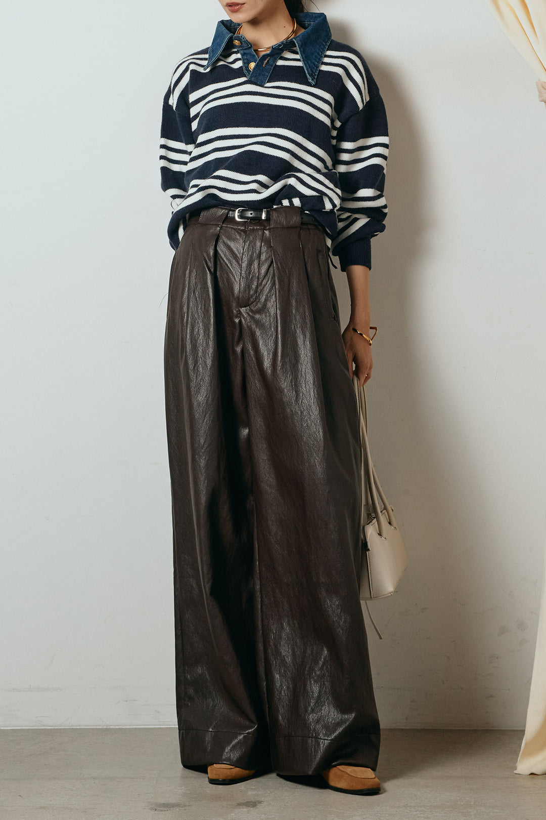 [SET]デニムレイヤード風ランダムボーダーニットプルオーバー+ベルト付きレザーライクタックパンツ(2set)