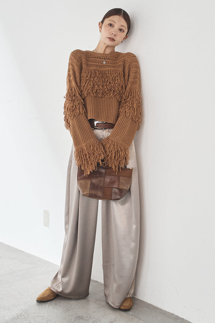 [SET]メッシュフリンジ切り替えプルオーバー+サテンタックワイドパンツ(2set)