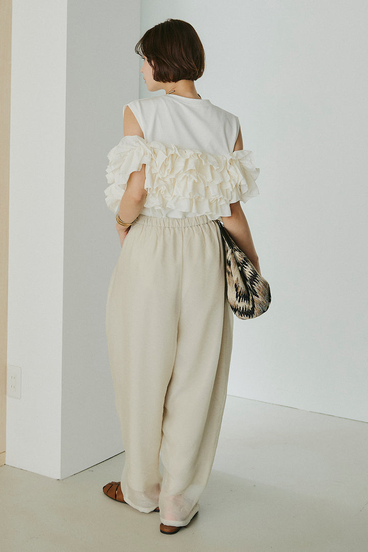 [SET]天竺ナイロンドッキングビスチェ風トップス+オーガンジータックパンツ(2set)