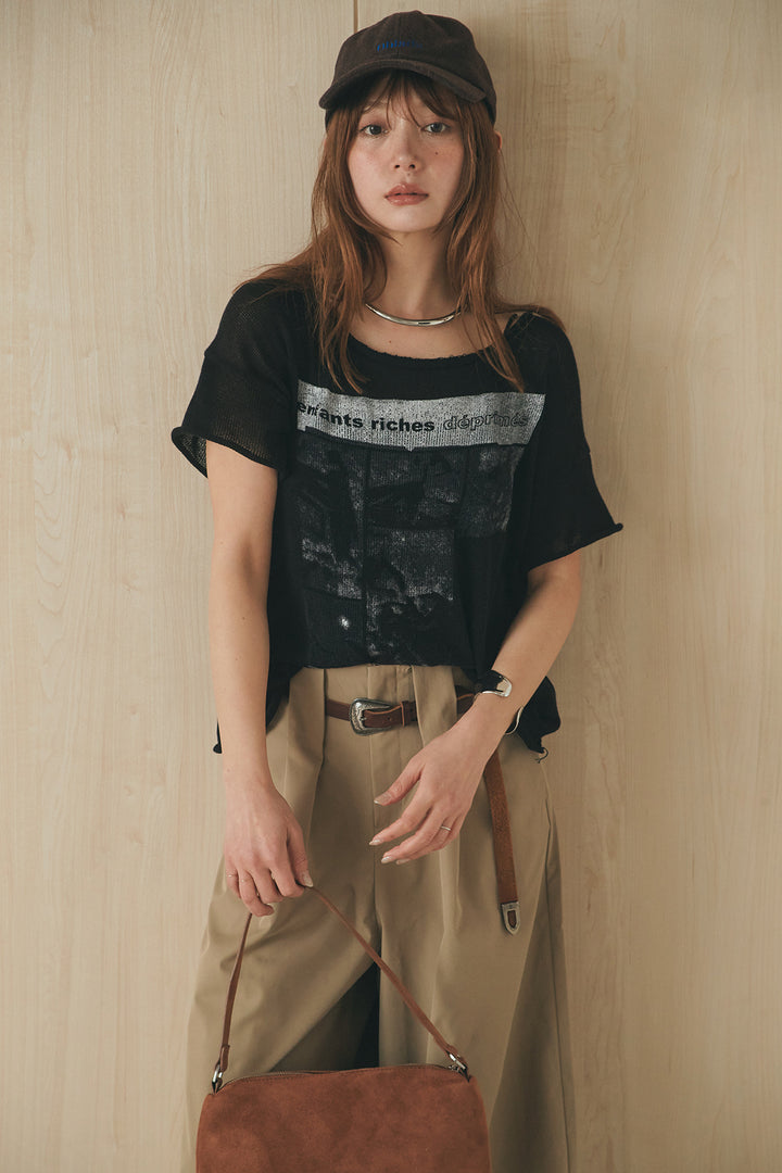 [SET]半袖モノトーングラフィックトップス+ベルトループデザインハイウエストタックパンツ(2set)