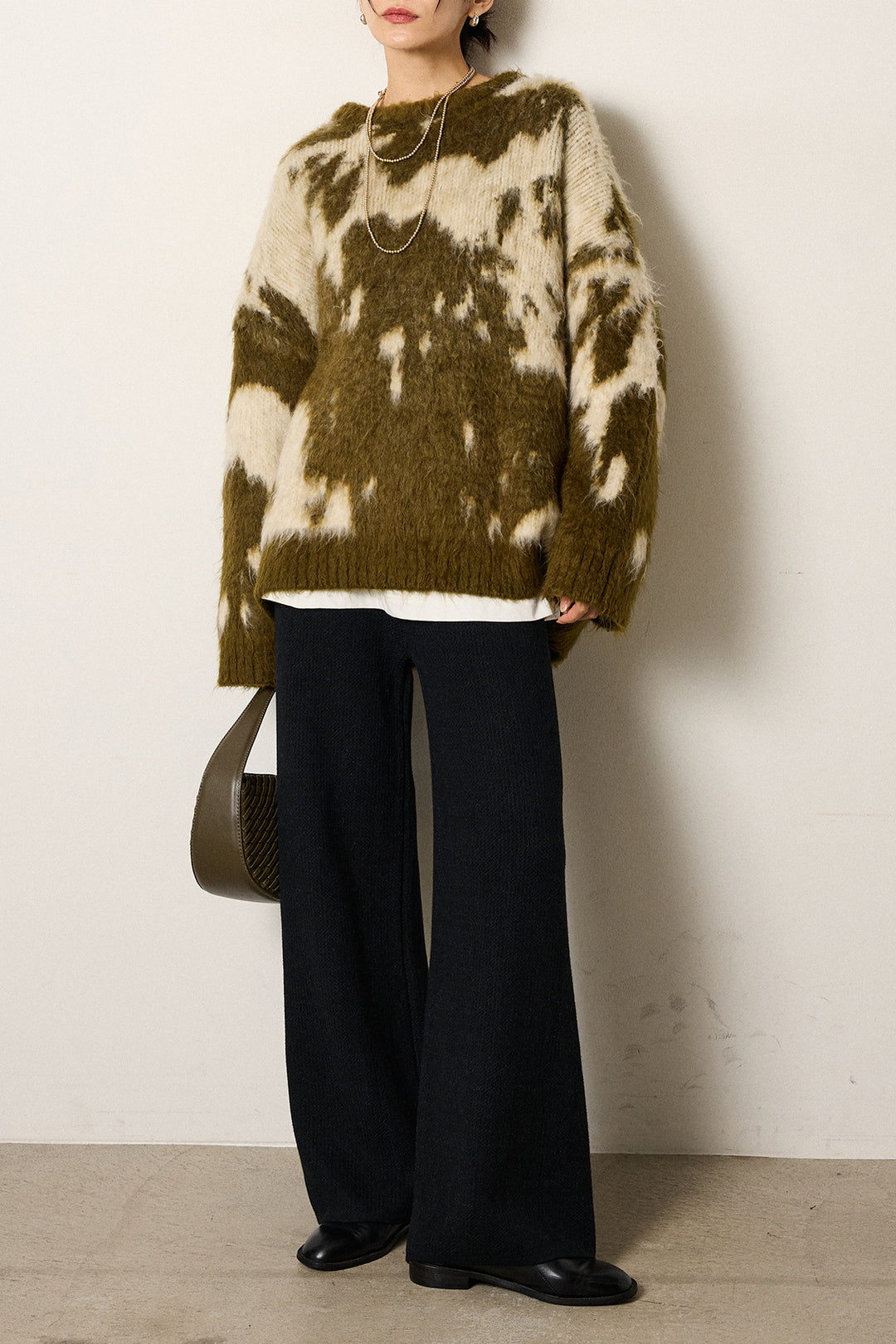 [SET]モヘアタッチマーブルニット+箔プリントBIGシルエットロングスリーブTシャツ+ワイドリブニットイージーパンツ(3set)
