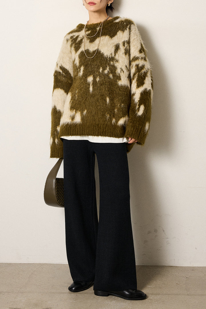 [SET]モヘアタッチマーブルニット+箔プリントBIGシルエットロングスリーブTシャツ+ワイドリブニットイージーパンツ(3set)
