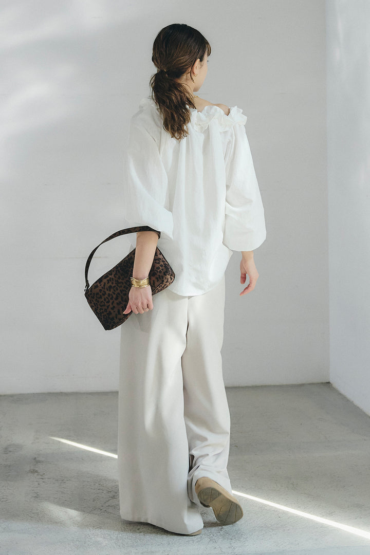 [SET]ネックフリルデザインブラウス+ベルト付きツータックワイドパンツ(2set)