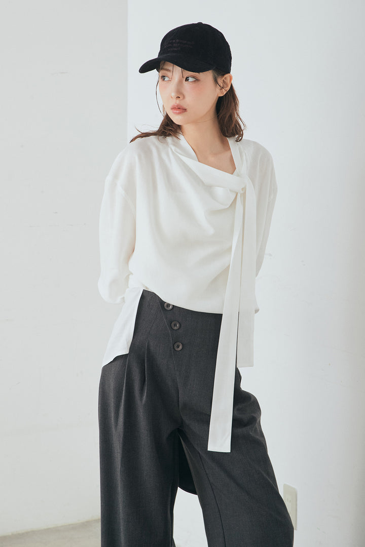[SET]ニュアンスボータイブラウス+斜めボタンタック入りスラックス(2set)