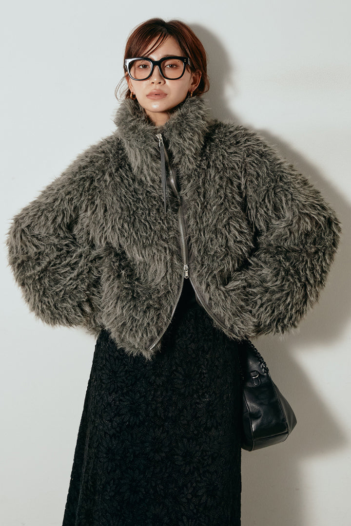 [SET]ミックスシープファースタンドブルゾン+花柄刺繍ベロアフレアスカート(2set)