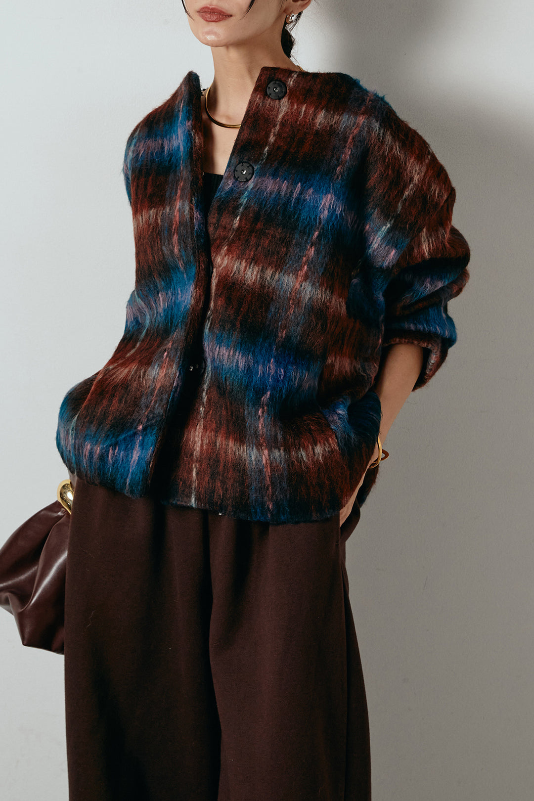 [SET]ノーカラーシャギーチェックアウター+裏起毛スウェットワイドパンツ(2set)