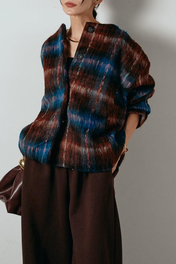 [SET]ノーカラーシャギーチェックアウター+裏起毛スウェットワイドパンツ(2set)