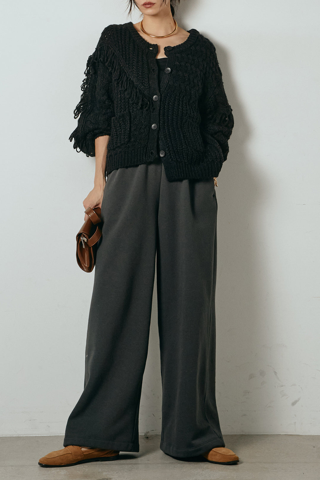 [SET]ランダムフリンジニットカーディガン+裏起毛スウェットワイドパンツ(2set)
