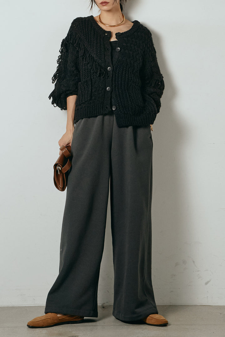 [SET]ランダムフリンジニットカーディガン+裏起毛スウェットワイドパンツ(2set)