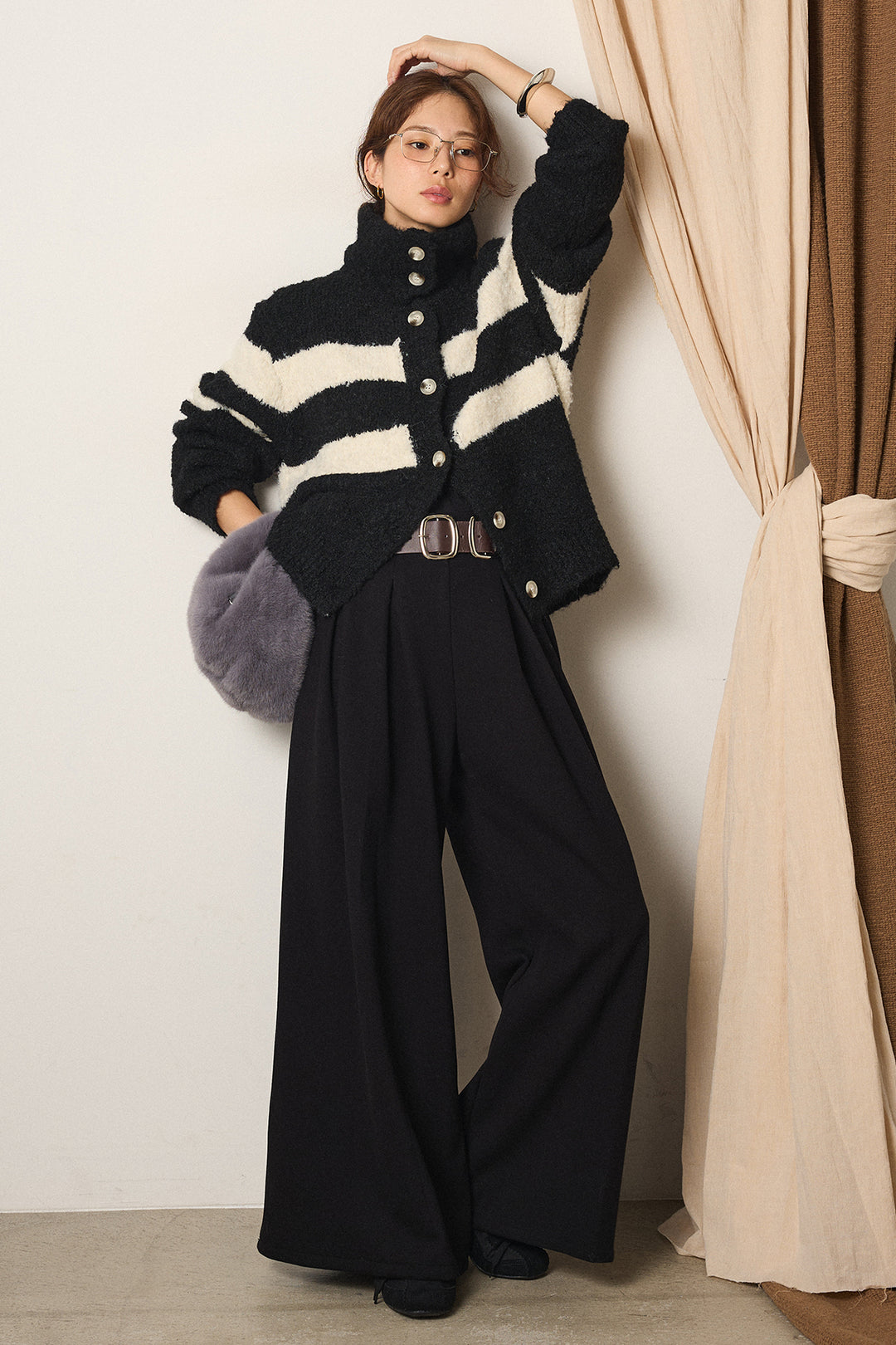 [SET]ハイネックボーダーニットカーディガン+フェイクレザー太ベルト付きタックワイドパンツ(2set)