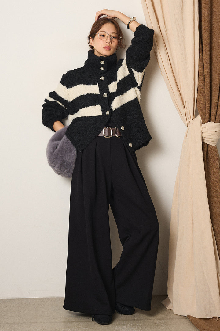 [SET]ハイネックボーダーニットカーディガン+フェイクレザー太ベルト付きタックワイドパンツ(2set)