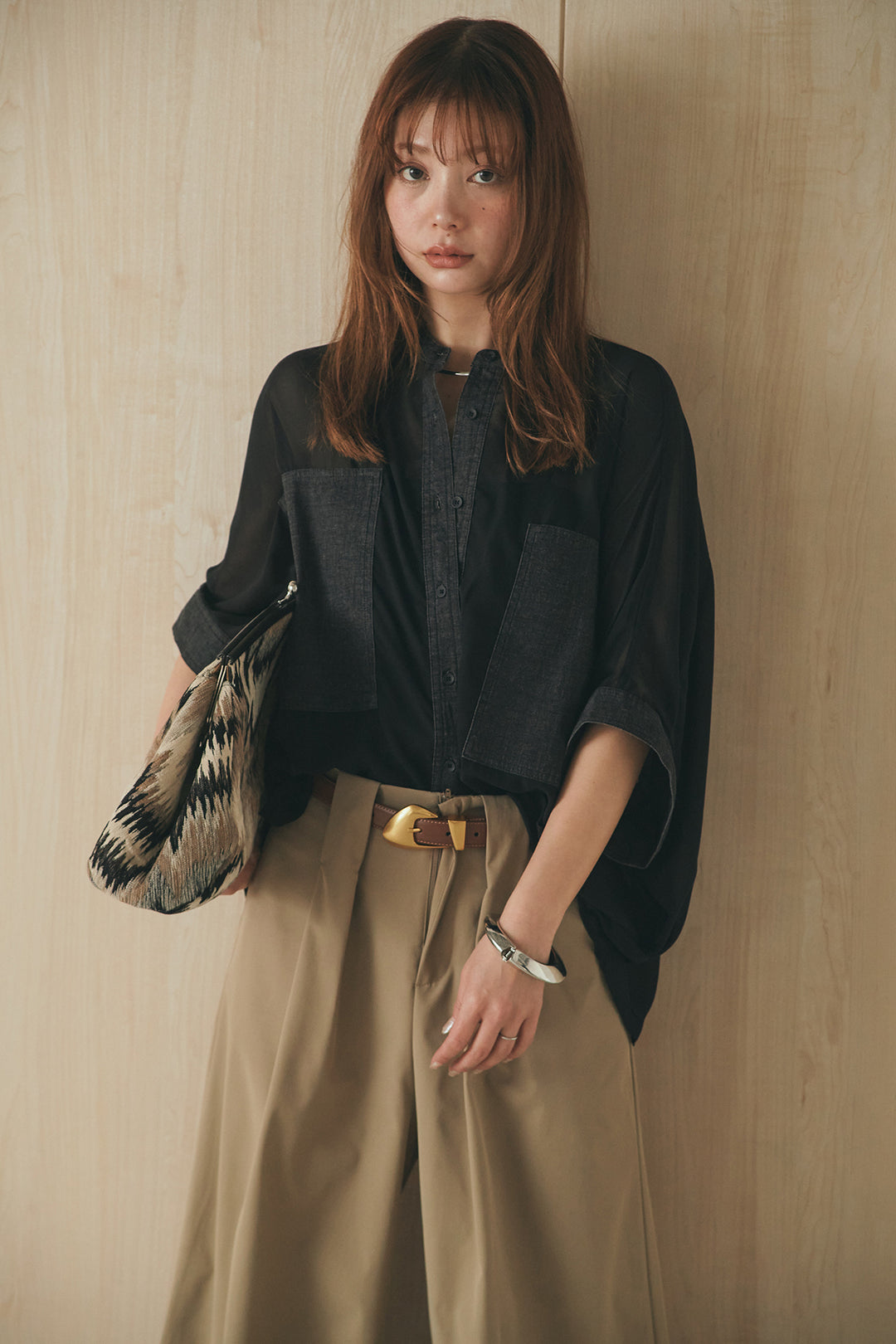 [SET]デニムライクビッグツーポケシアーシャツ+ベルトループデザインハイウエストタックパンツ(2set)