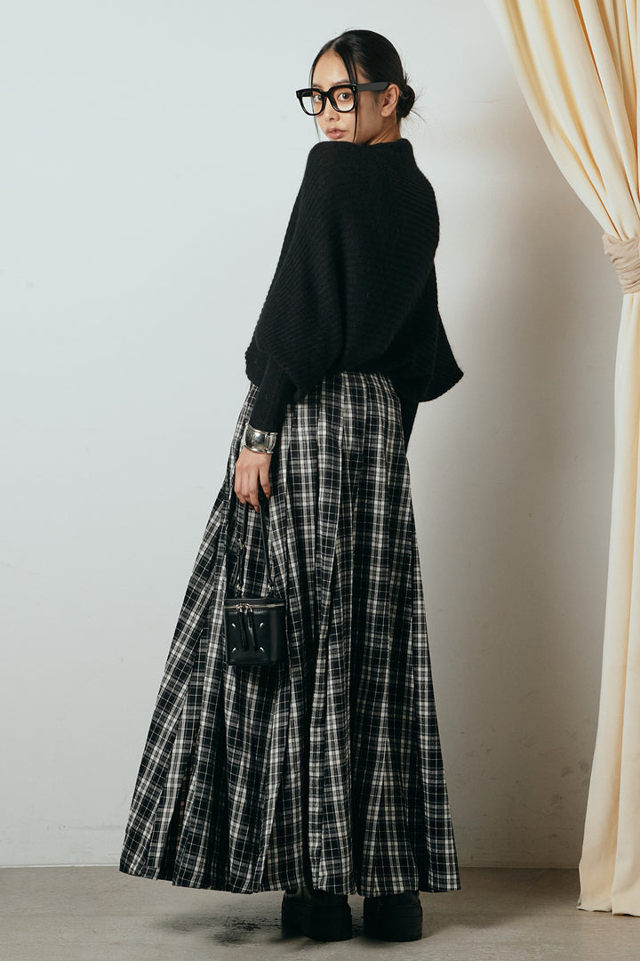 [SET]ポンチョシルエット透かしニットトップス+ベルト付きタータンチェックプリーツスカート(2set)