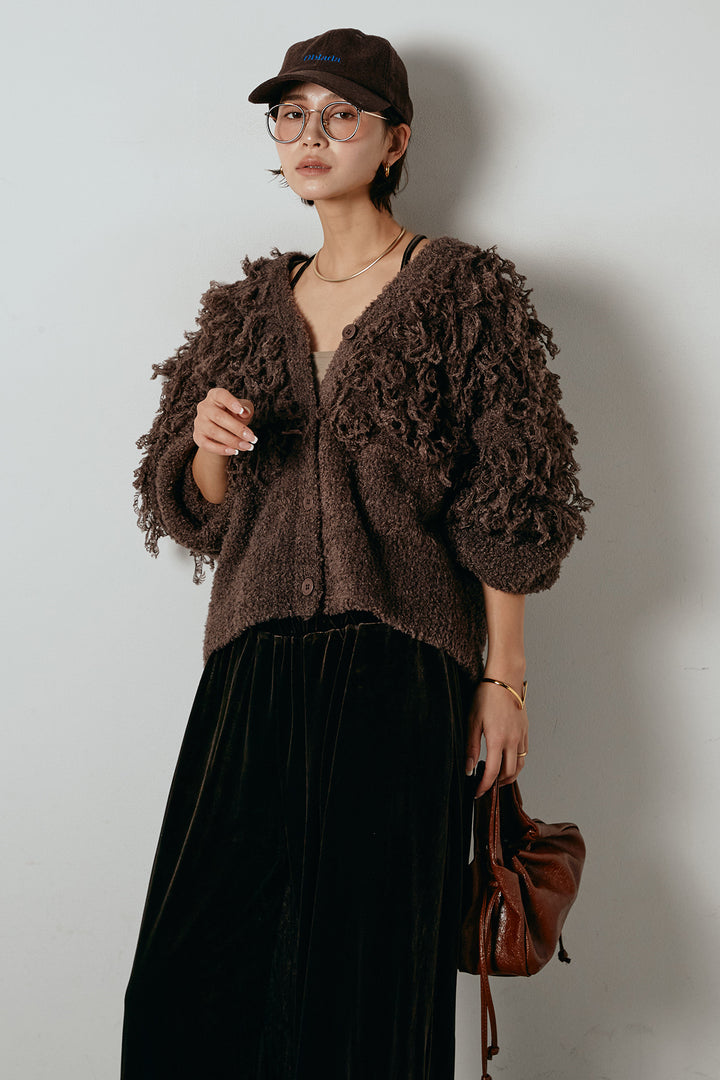 [SET]ループ編みVネックニットカーディガン+ベロアサスペンダー付きパンツ(2set)