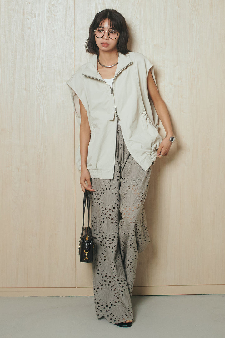 [SET]ショルダー切替スタンドネックジップベスト+レース刺繍リラックスパンツ(2set)