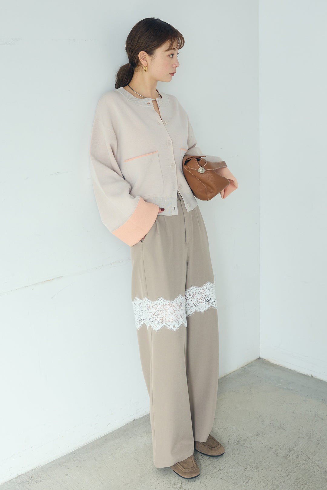 [SET]レーヨンポリダブルフェイスカーディガン+レース刺繍切替ワイドパンツ(2set)