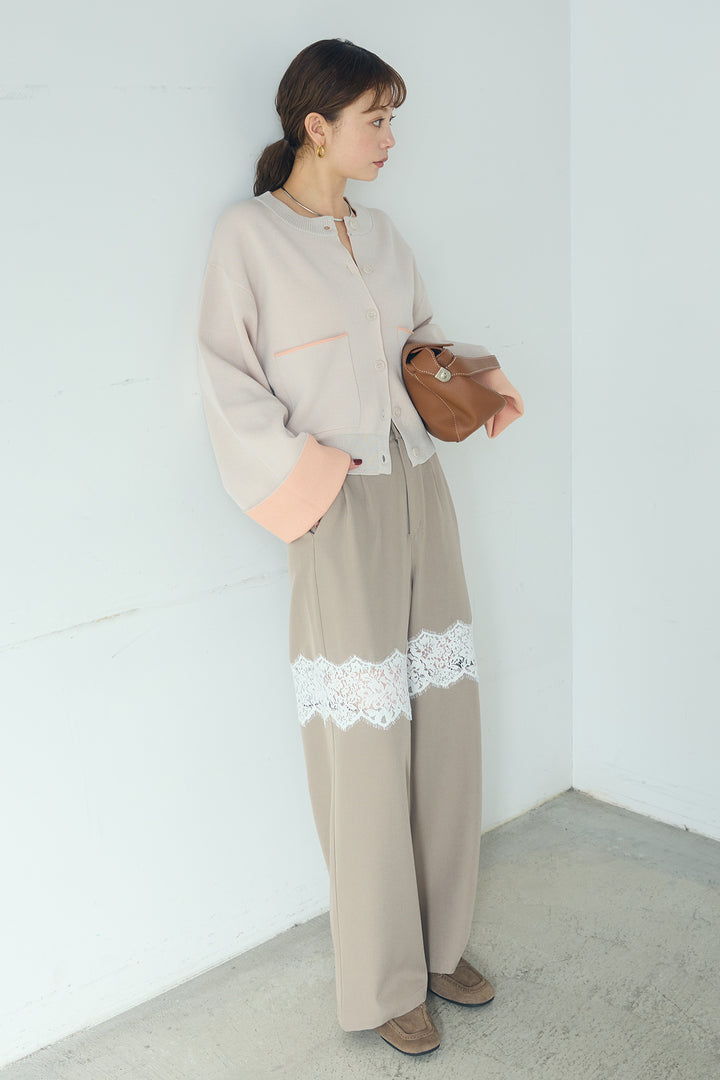 [SET]レーヨンポリダブルフェイスカーディガン+レース刺繍切替ワイドパンツ(2set)