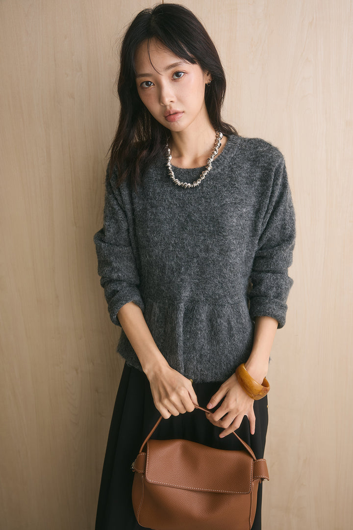 [SET]モヘアぺプラムクルーネックプルオーバー+ファイブボタンツータックワイドパンツ(2set)
