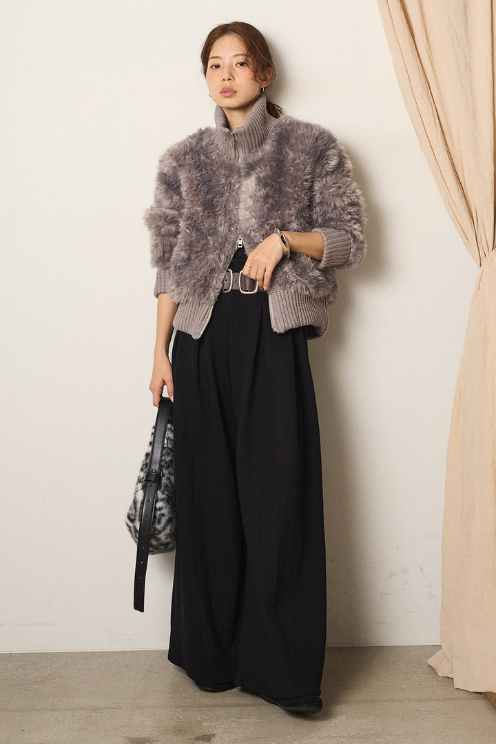 [SET]ハイネックボアブルゾン+フェイクレザー太ベルト付きタックワイドパンツ(2set)