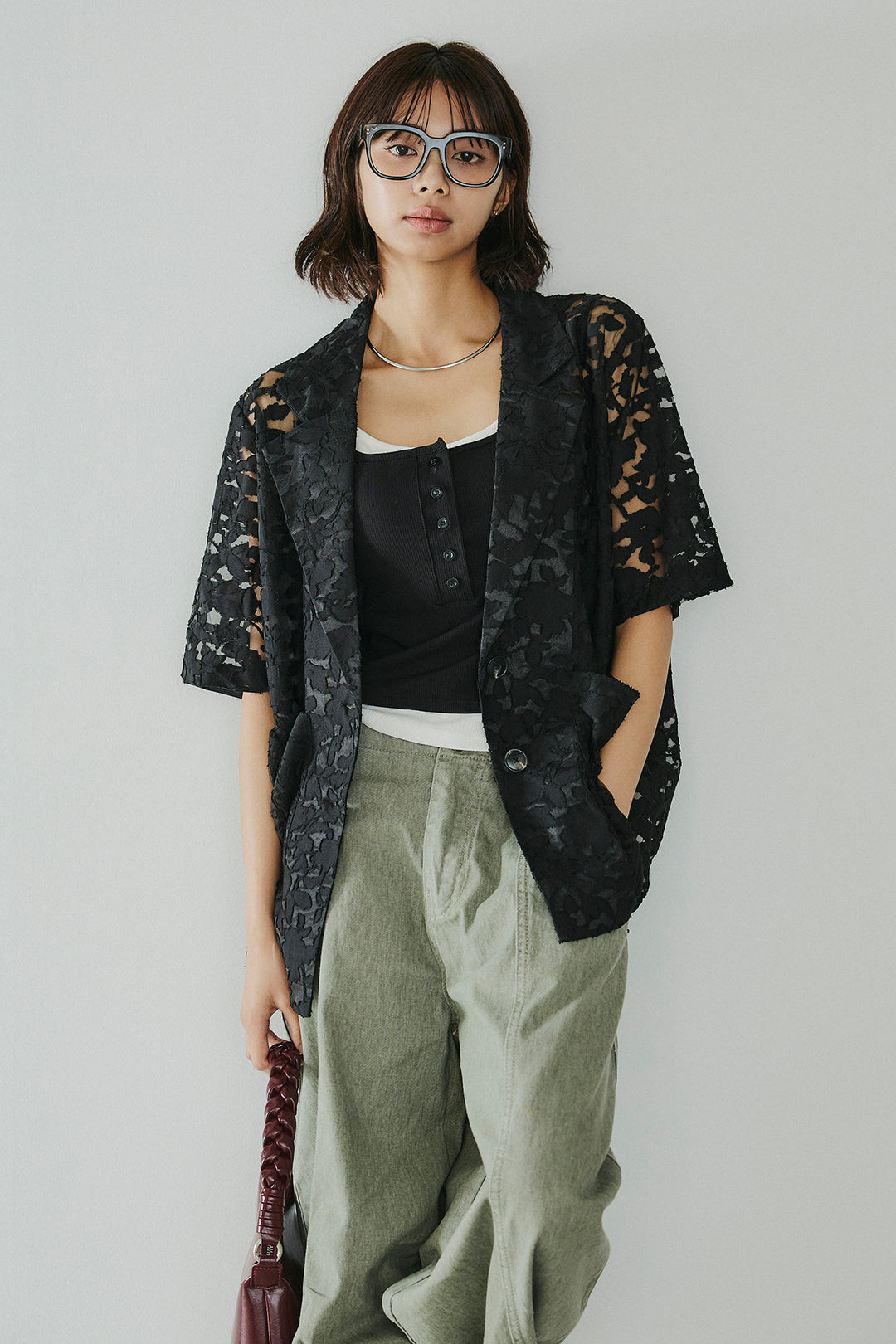 [SET]シアージャガードハーフスリーブテーラードジャケット+配色ヘンリーネックタンクトップ(2set)