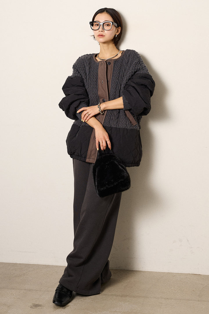 [SET]アラン編みニットノーカラー裾キルティングブルゾン+裏起毛スウェットワイドパンツ(2set)