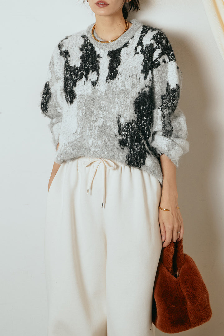[SET]起毛ニュアンス柄ニットプルオーバー+裏起毛スウェットワイドパンツ(2set)
