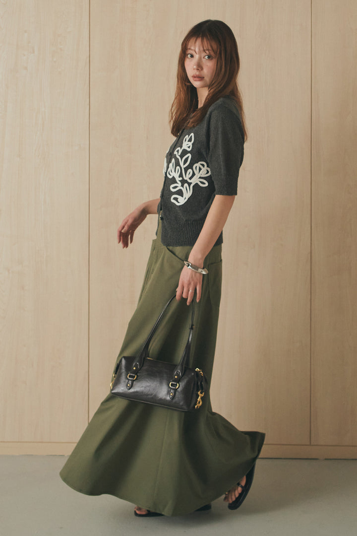 [SET]フロントテープデザイン半袖カーディガン+ミリタリーツイルタックフレアスカート(2set)