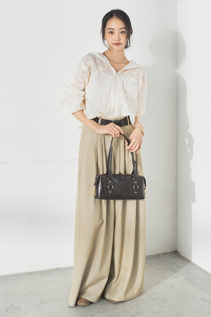 [SET]シアーフラワーフードブルゾン+編みベルト付きウエストタックワイドパンツ(2set)