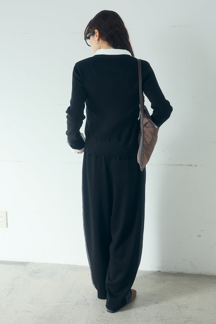 [SET]シャツドッキングボタンニットカーディガン+異素材切り替えスウェットパンツ(2set)