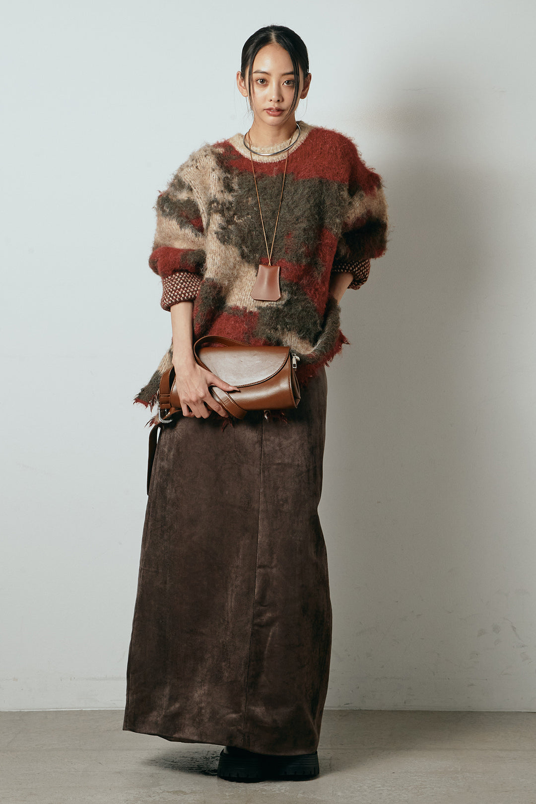 [SET]起毛裾デザインニュアンス柄ニットトップス+エコスウェードワイドスカート(2set)