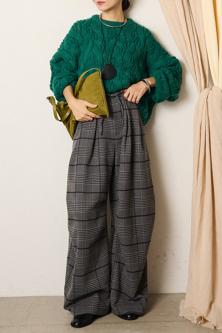[SET]ケーブルリラックスショートニット+グレンチェックルーズタックパンツ(2set)