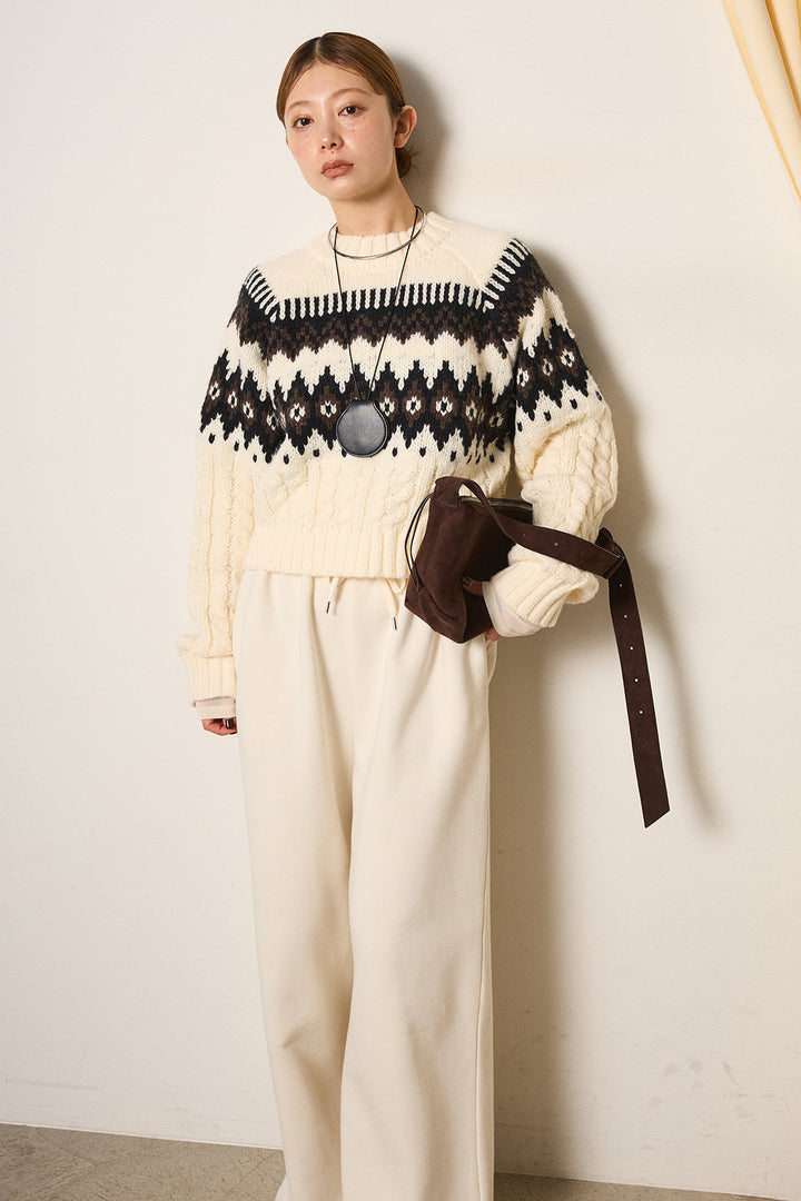 [SET]2WAY求心柄ジャガードショートカーディガン+裏起毛スウェットワイドパンツ+2WAY袖コード刺繍クルーネックプルオーバー(3set)