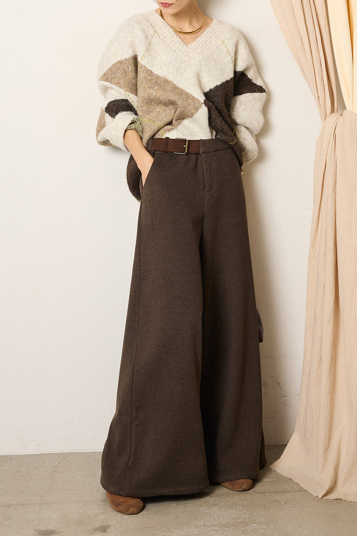 [SET]ルーズアーガイルVネックニット+サイドベルトパンツ(2set)