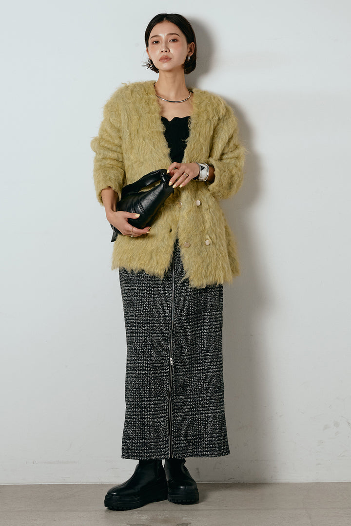 [SET]ウェーブシャギーニットジャケット+グレンチェック柄フロントジップタイトスカート(2set)