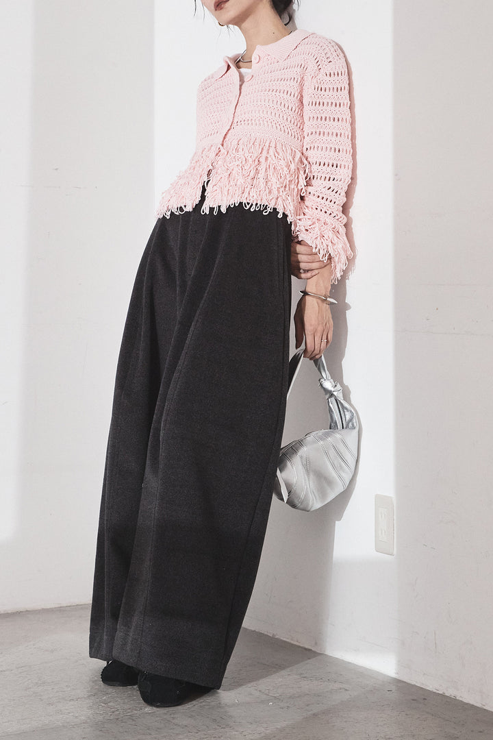 [SET]メッシュフリンジカーディガン+ウールタッチカーブワイドパンツ(2set)
