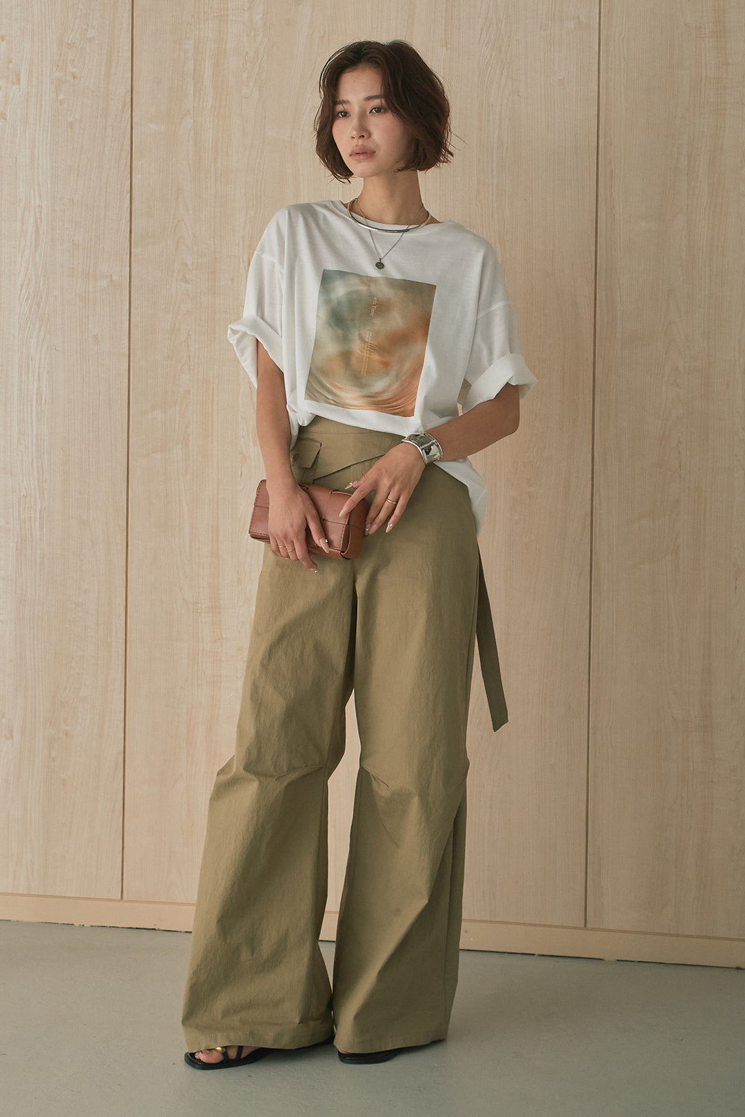 [SET]MarbleプリントTシャツ+ポケットベルト付きニーサイドタックパンツ(2set)