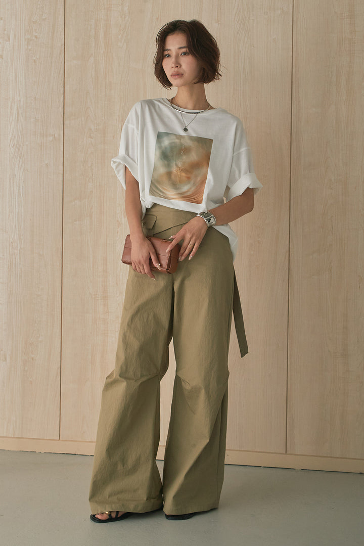 [SET]MarbleプリントTシャツ+ポケットベルト付きニーサイドタックパンツ(2set)