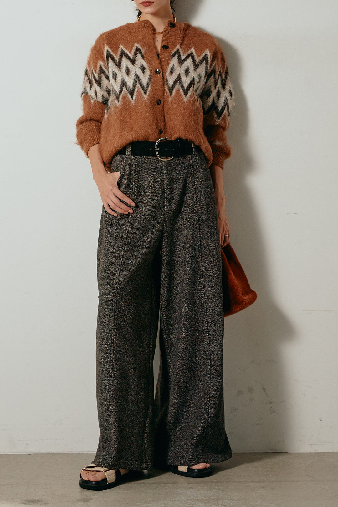 [SET]起毛ノルディック柄ニットカーディガン+太ベルト付きツイードワイドパンツ(2set)