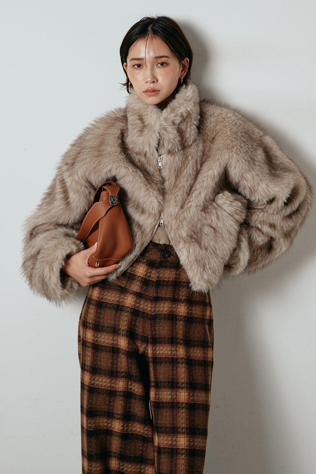 [SET]エコファーショート丈ブルゾン+ルーズタータンチェックワイドパンツ(2set)