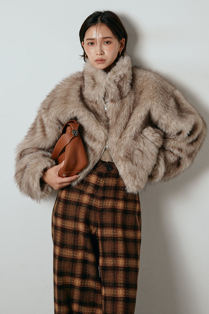 [SET]エコファーショート丈ブルゾン+ルーズタータンチェックワイドパンツ(2set)