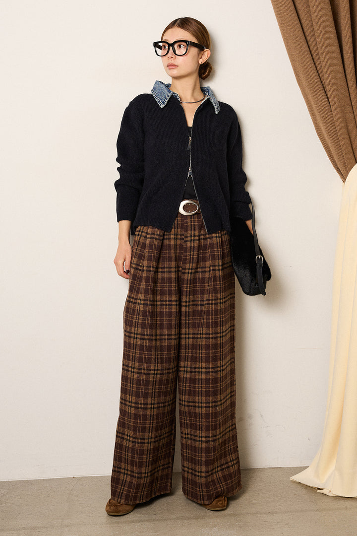 [SET]デニム襟ダブルジップニットトップス+スタッズデザインベルトタータンチェックパンツ(2set)