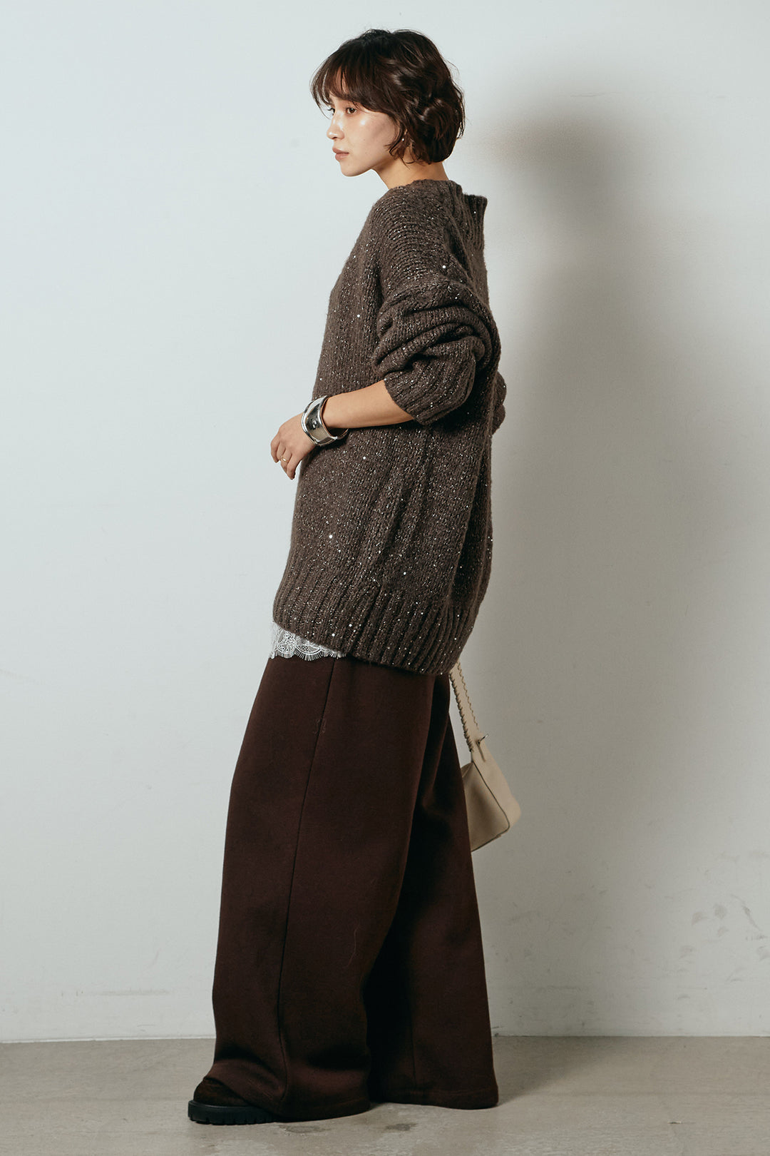 [SET]Vネックラメニットトップス+裏起毛スウェットワイドパンツ(2set)