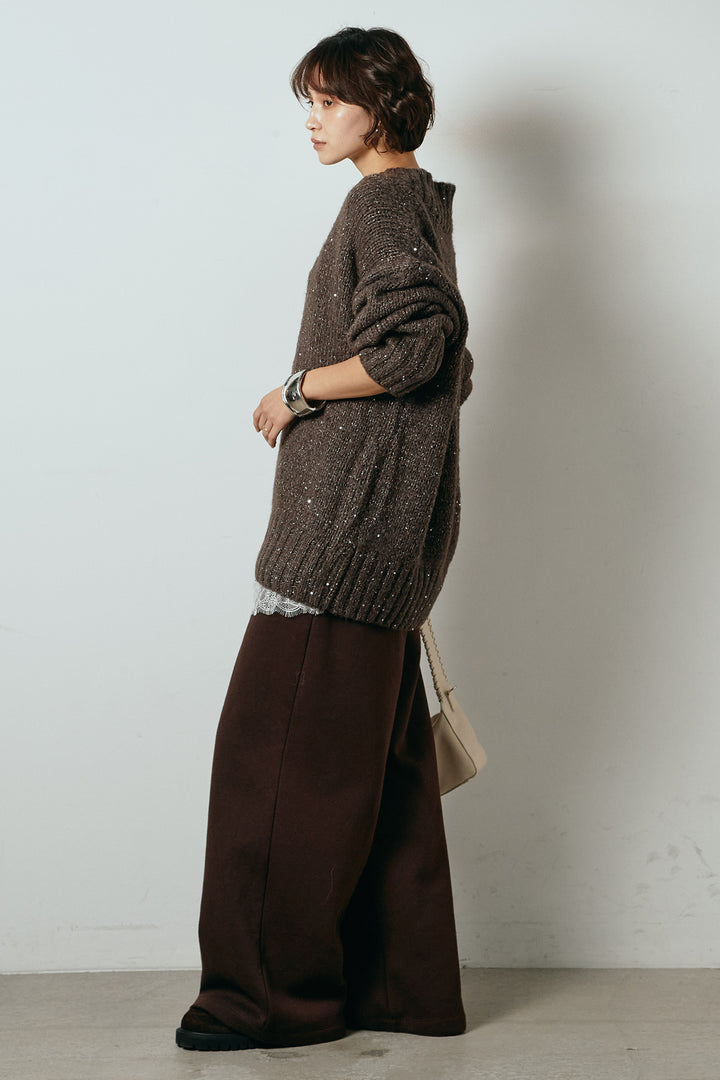 [SET]Vネックラメニットトップス+裏起毛スウェットワイドパンツ(2set)